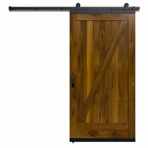 JELD-WEN 42 in. x 80 in. Karona Z Design Khaki Stained Rustic Walnut Wood Sliding Barn Door with Hardware Kit