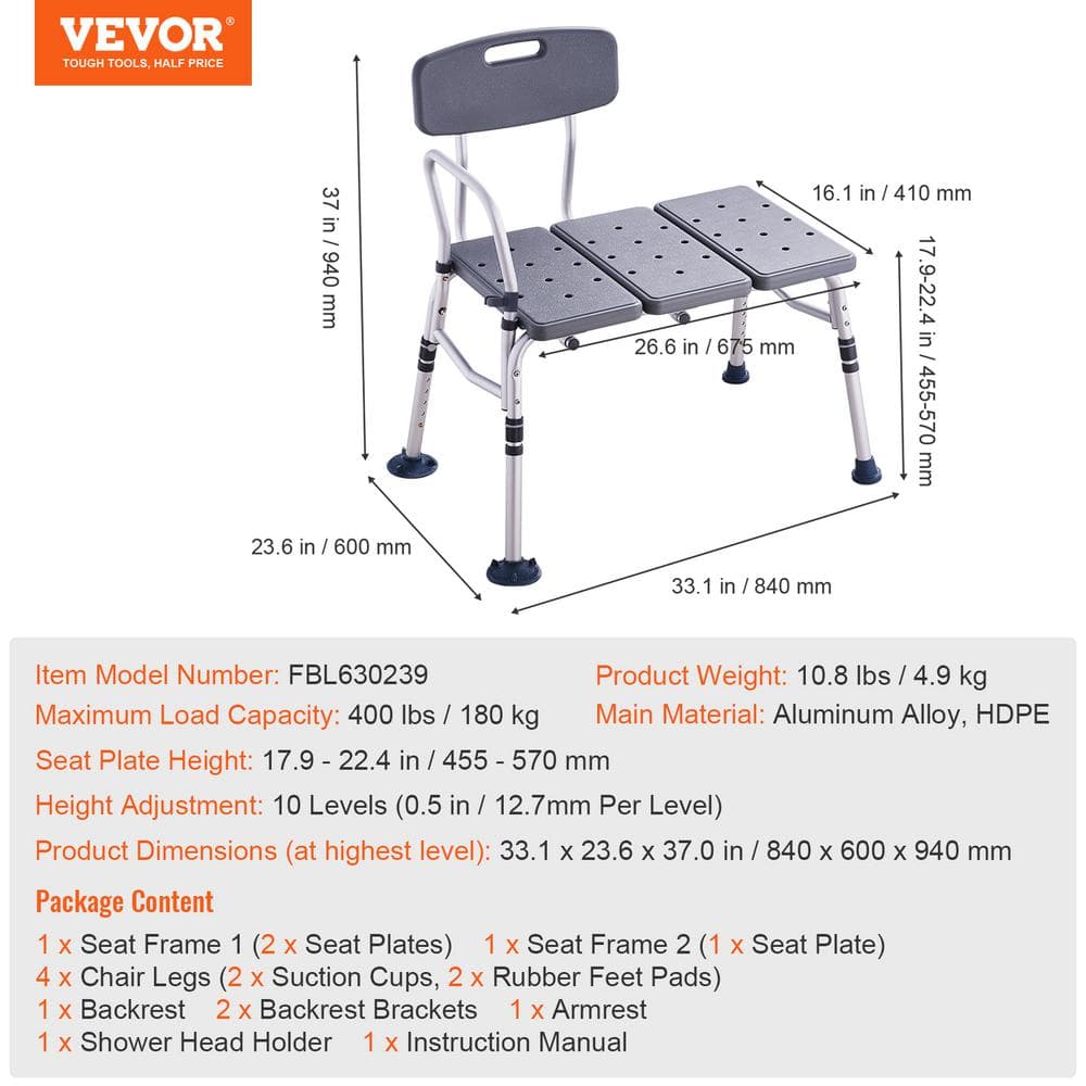 Adjustable Gray Aluminum Tub Transfer Bench with Backrest