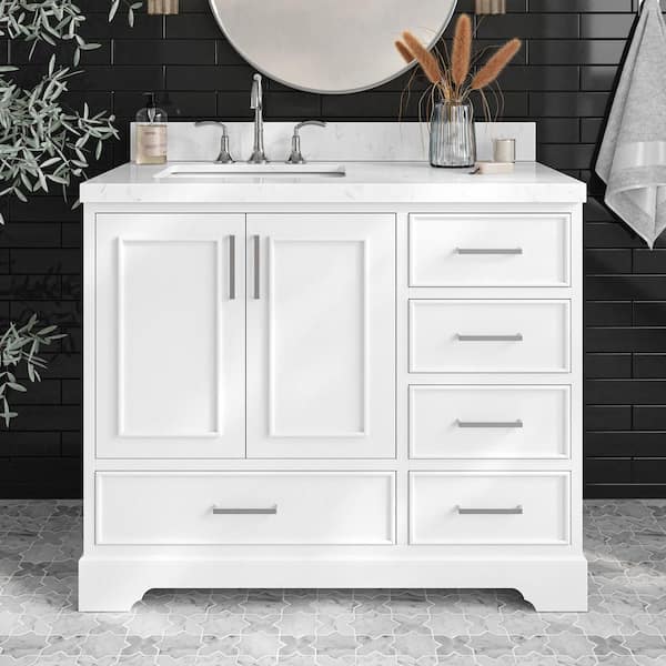ARIEL Stafford 42 in. W x 22 in. D x 36 in. H Single Sink Freestanding Bath Vanity in White with Carrara White Quartz Top