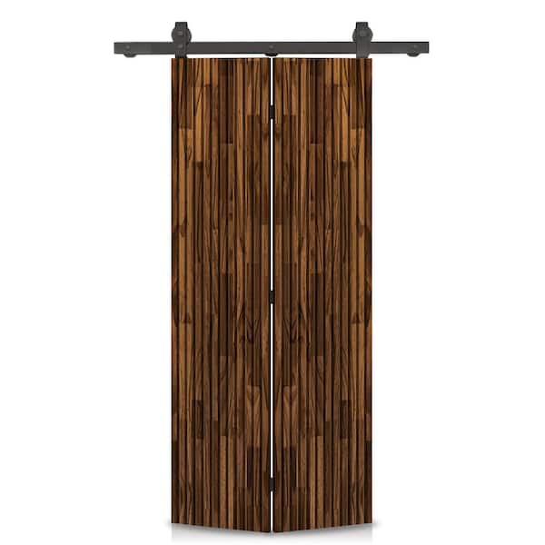 CALHOME Japanese Series 28 in. x 80 in. Hollow Core Walnut Stained Pine Wood Bi-Fold Barn Door with Sliding Hardware Kit