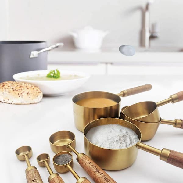 8-Piece Gold Stainless Steel Measuring Spoon and Cup Set with Wood Handle for Cooking and Baking, US Metric Markings