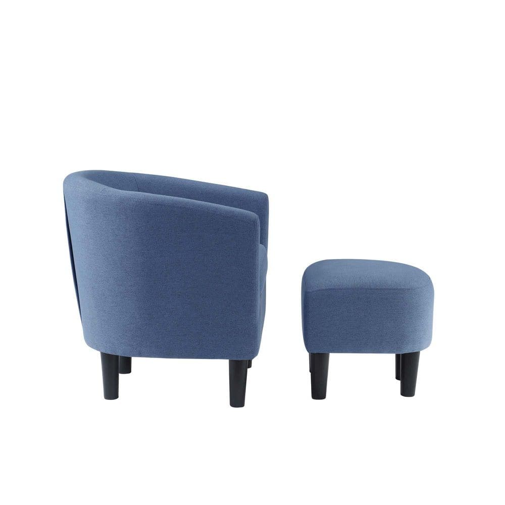 Blue Fabric Barrel Accent Chair with Ottoman