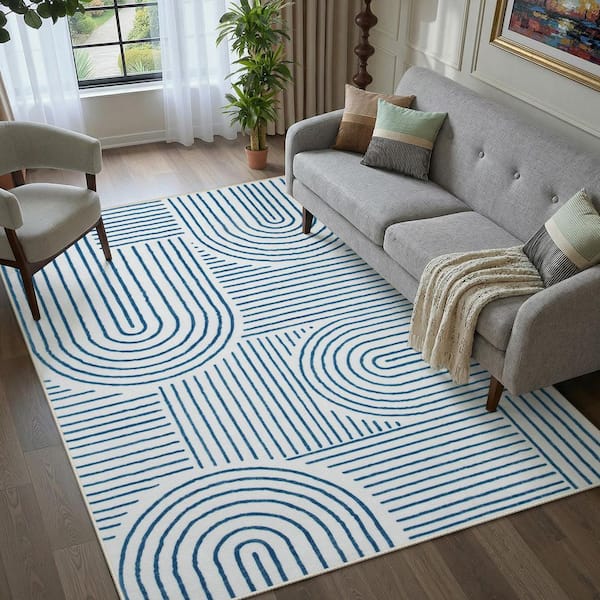 Abstract Rainbow Striped Washable Non-Slip Blue 5 ft. x 7 ft. Area Rug