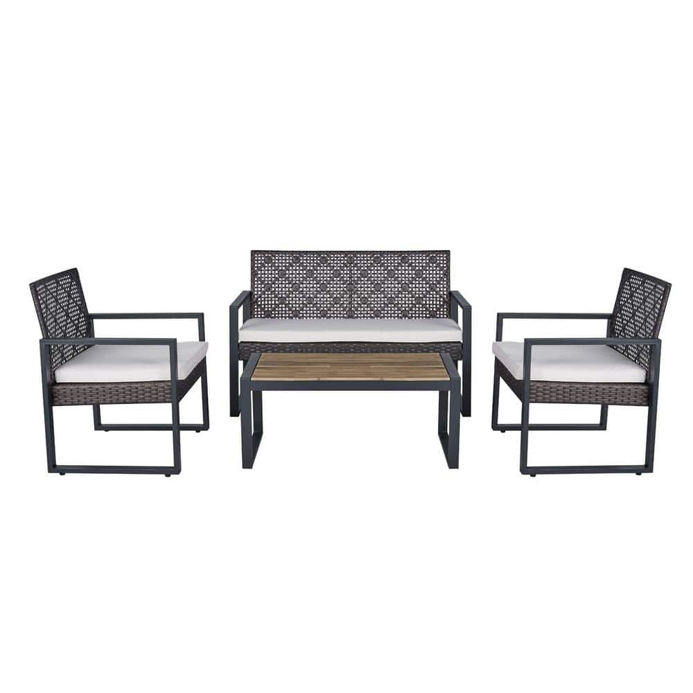 Brown 4-Piece Wicker Outdoor Couch Patio Furniture Set with Beige Cushions 