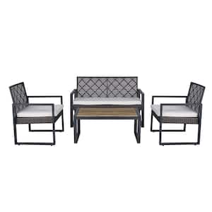 Brown 4-Piece Wicker Outdoor Couch Patio Furniture Set with Beige Cushions and Acacia Wood Table Top