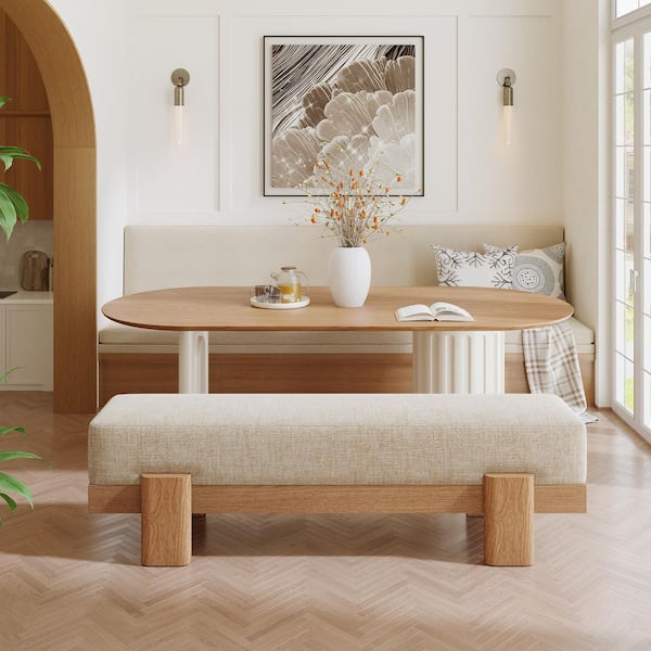 55in. Beige Upholstered Entryway Dining Bench, Backless Shoe Bench for Bedroom, Dining Room, Hallway with Cushion