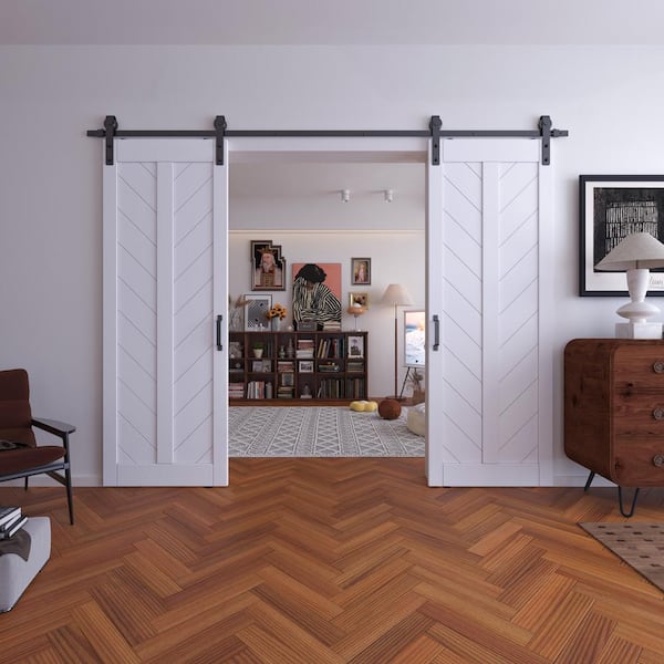 TENONER 60 in. x 84 in. (2 in. x 30 in. Doors) White V-Shape Finished, MDF Sliding Barn Door with Hardware Kit