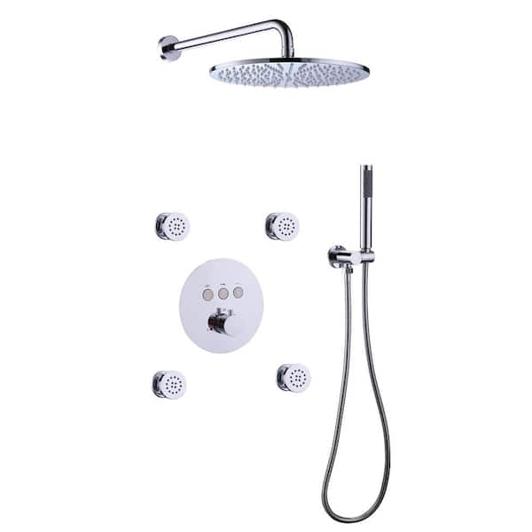 Tomfaucet Thermostatic Single-Handle 3-Spray Patterns Shower System with Body Jets in Polished Chrome (Valve Included)