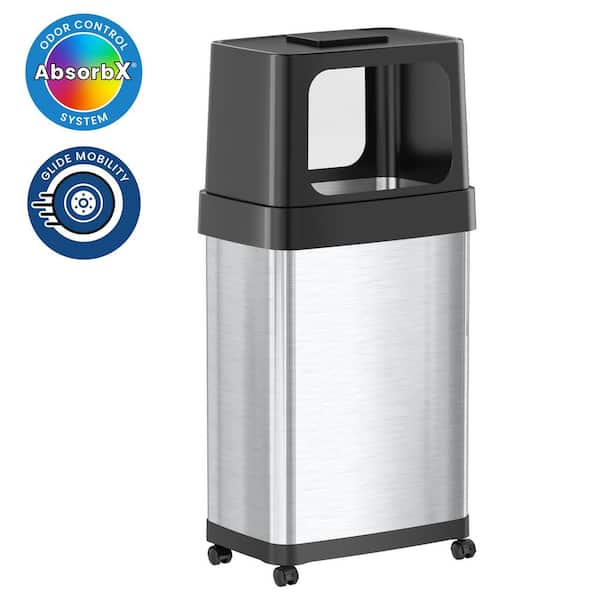 18 Gal. / 68 Liter Stainless Steel Dual Entry Household Metal Trash Can with Wheels and Odor Filter