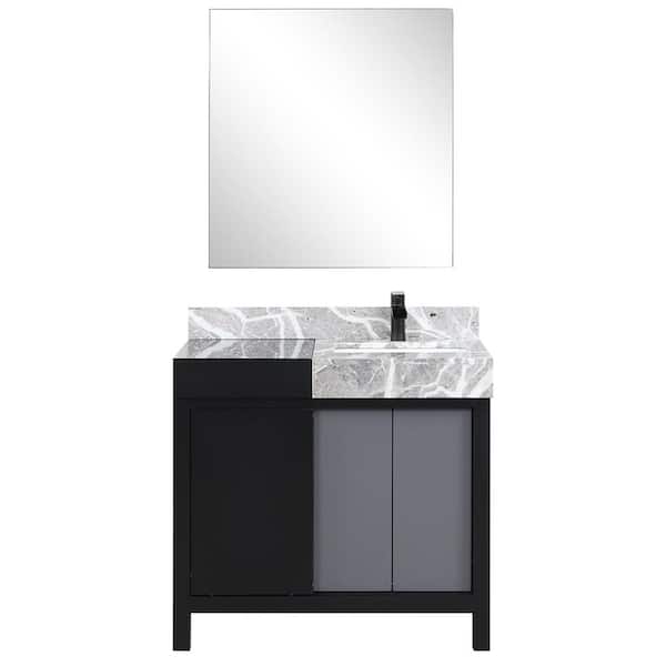 Zilara 36 in x 22 in D Black and Grey Bath Vanity, Castle Grey Marble Top, Matte Black Faucet Set and 30 in Mirror