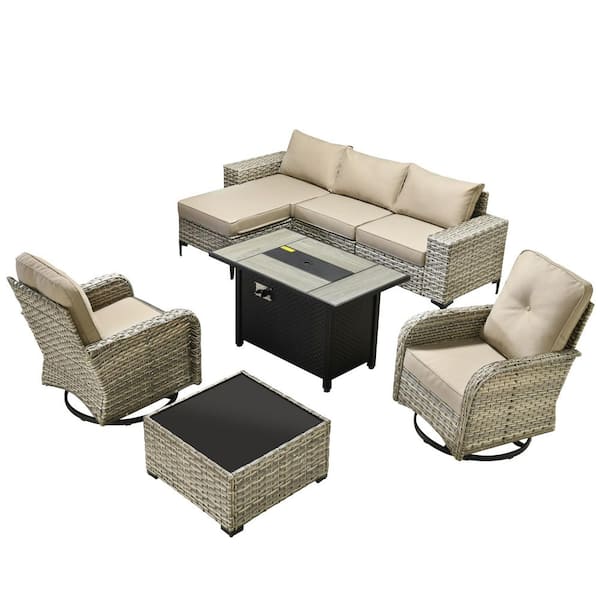 Puro 9 Pieces Wicker Outdoor Patio Rectangular Fire Pit Set and Swivel Rocking Chairs with Beige Cushions