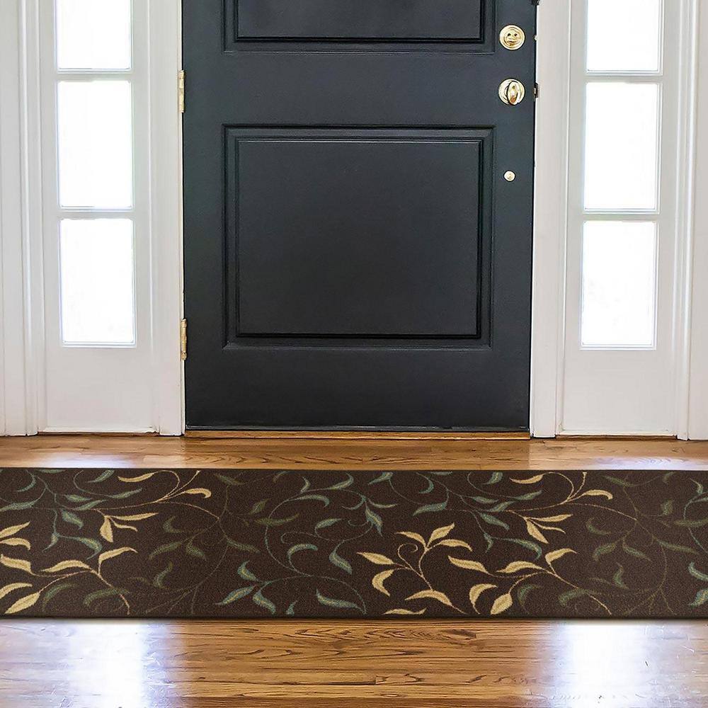 Brown Leaves Design Non-Slip Runner Rug, 2'7" x 9'10"