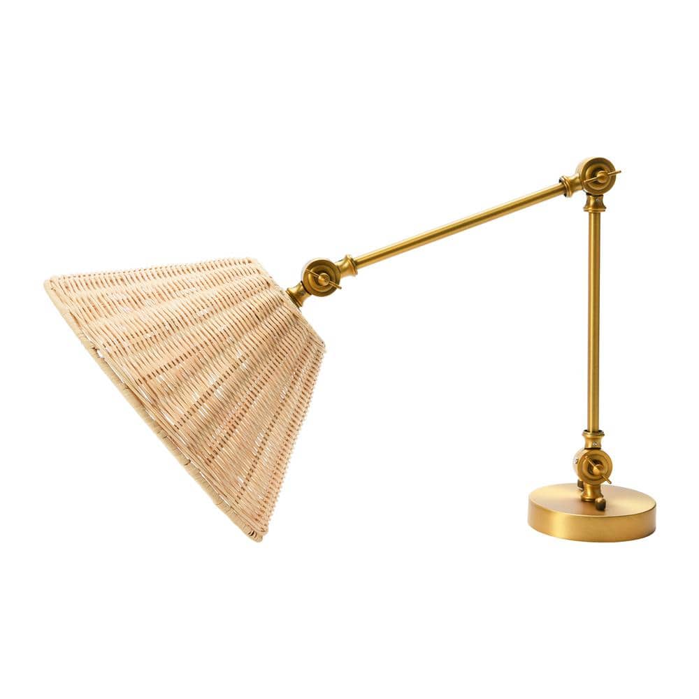 Antique Brass Finish Adjustable Wall Sconce with Woven Rattan Shade