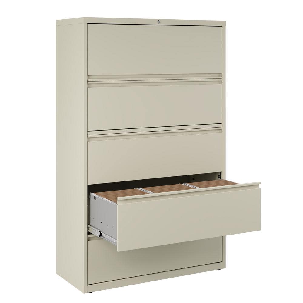 Putty Beige 42" Wide 5 Drawer Lockable Steel Lateral File Cabinet