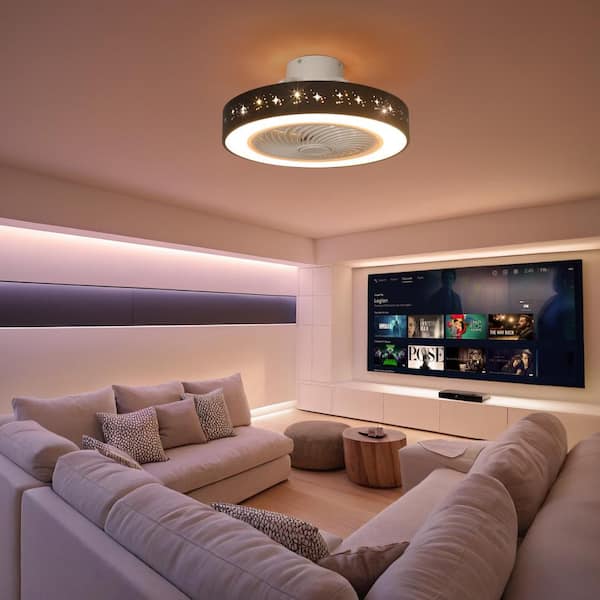 20 in. LED Indoor Black Modern Dimmable Caged Low Profile Flush Mount Ceiling Fan Light with Remote Control for Bedroom