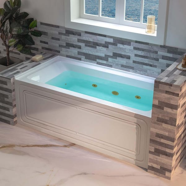 WOODBRIDGE 60 in. x 32 in. Whirlpool and Heated Bathtub with Brushed Gold Right Drain in White