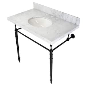 Edwardian 36 in. 3-Hole Console Sink with 8 in. Brass Legs in Marble White/Matte Black