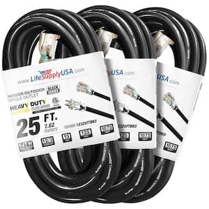 25 ft. 12-Gauge/3-Conductors SJTW Indoor/Outdoor Extension Cord with Lighted End Black (3-Pack)