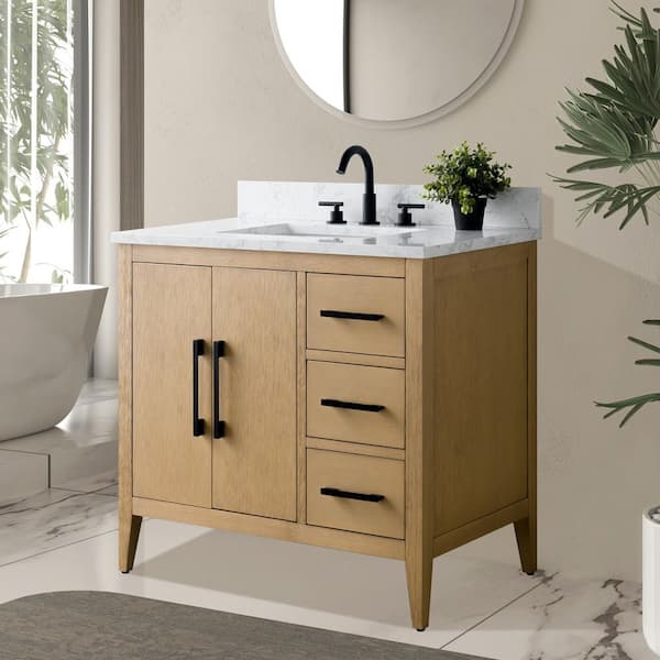 36 in. W x 22 in. D x 34 in. H Single-Sink Bathroom Vanity in Natural Oak with Engineered Marble Top in Arabescato White