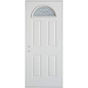 32 in. x 80 in. Traditional Brass Fan Lite 4-Panel Painted White Right-Hand Inswing Steel Prehung Front Door