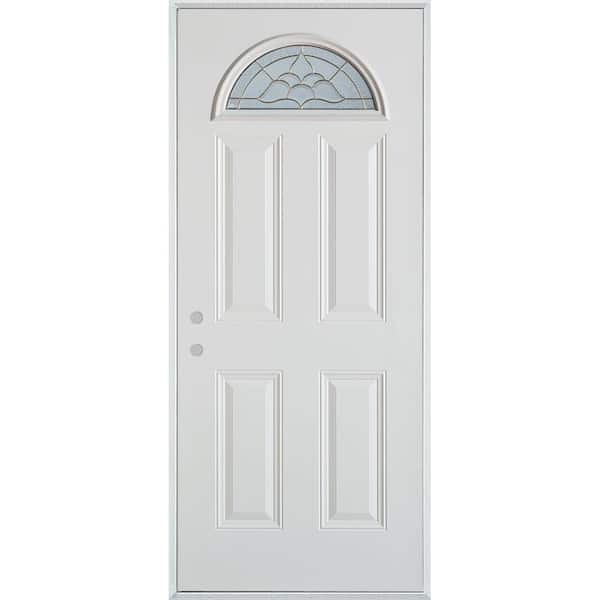 Stanley Doors 32 in. x 80 in. Traditional Brass Fan Lite 4-Panel Painted White Right-Hand Inswing Steel Prehung Front Door
