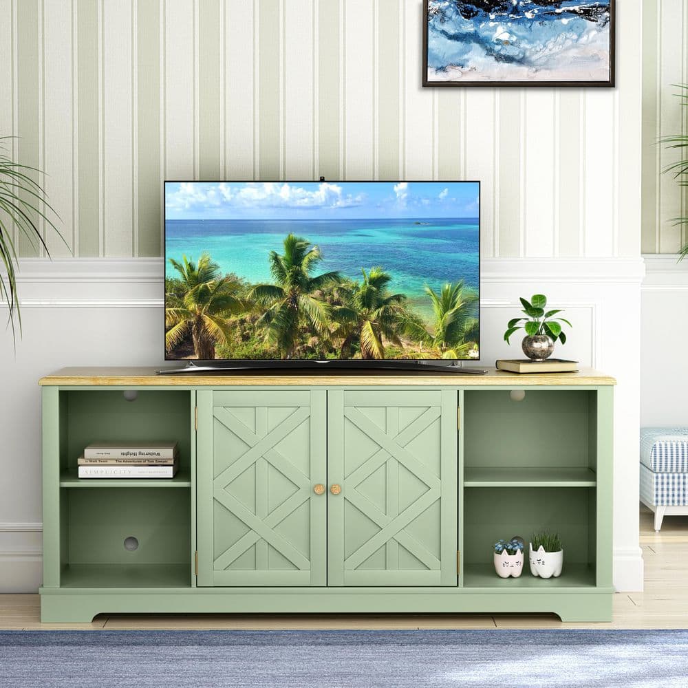 Coastal Farmhouse 70" Weathered Green TV Stand with Cabinet