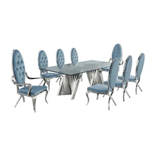 Becky 9-Piece Rectangular Glass Top with Stainless Steel Base Table Set with 6-Teal Blue Velvet Chairs and 2-Arm Chairs