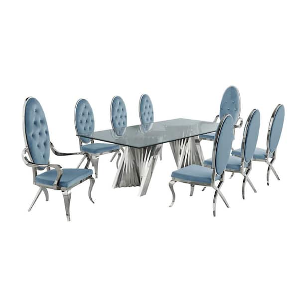 Best Quality Furniture Becky 9-Piece Rectangular Glass Top with Stainless Steel Base Table Set with 6-Teal Blue Velvet Chairs and 2-Arm Chairs