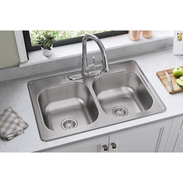 Dayton 33 in. Drop-in Double Bowl 20-Gauge Elite Satin Stainless Steel Kitchen Sink Only