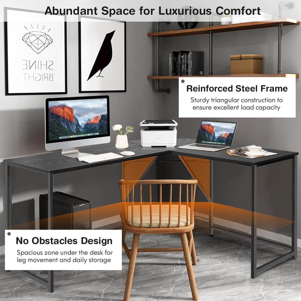 Modern L-Shaped Black Wood & Metal Corner Computer Desk