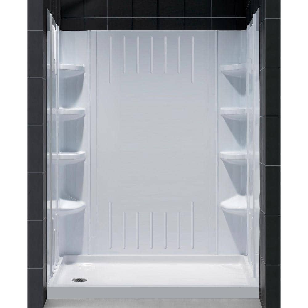 White Acrylic Square Alcove Shower Kit with Shelves