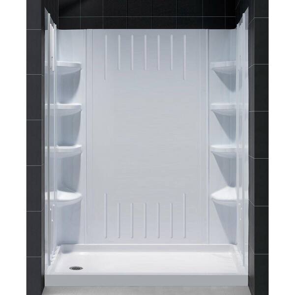 DreamLine SlimLine 60 in. x 36 in. Single Threshold Shower Pan Base in White with Left Hand Drain and Back Walls