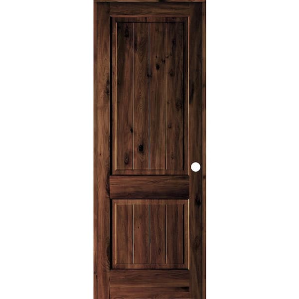 Krosswood Doors 36 in. x 96 in. Knotty Alder 2 Panel Left-Hand Square Top V-Groove Red Mahogany Stain Wood Single Prehung Interior Door