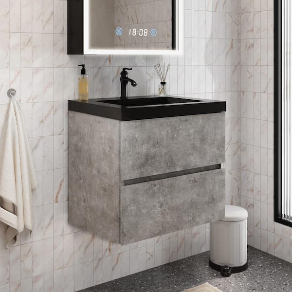 FAMYYT 24 in. W x 20 in. D x 21 in. H Single Sink Floating Bath Vanity in Ash Gray with Matte Black Quartz Sand Top