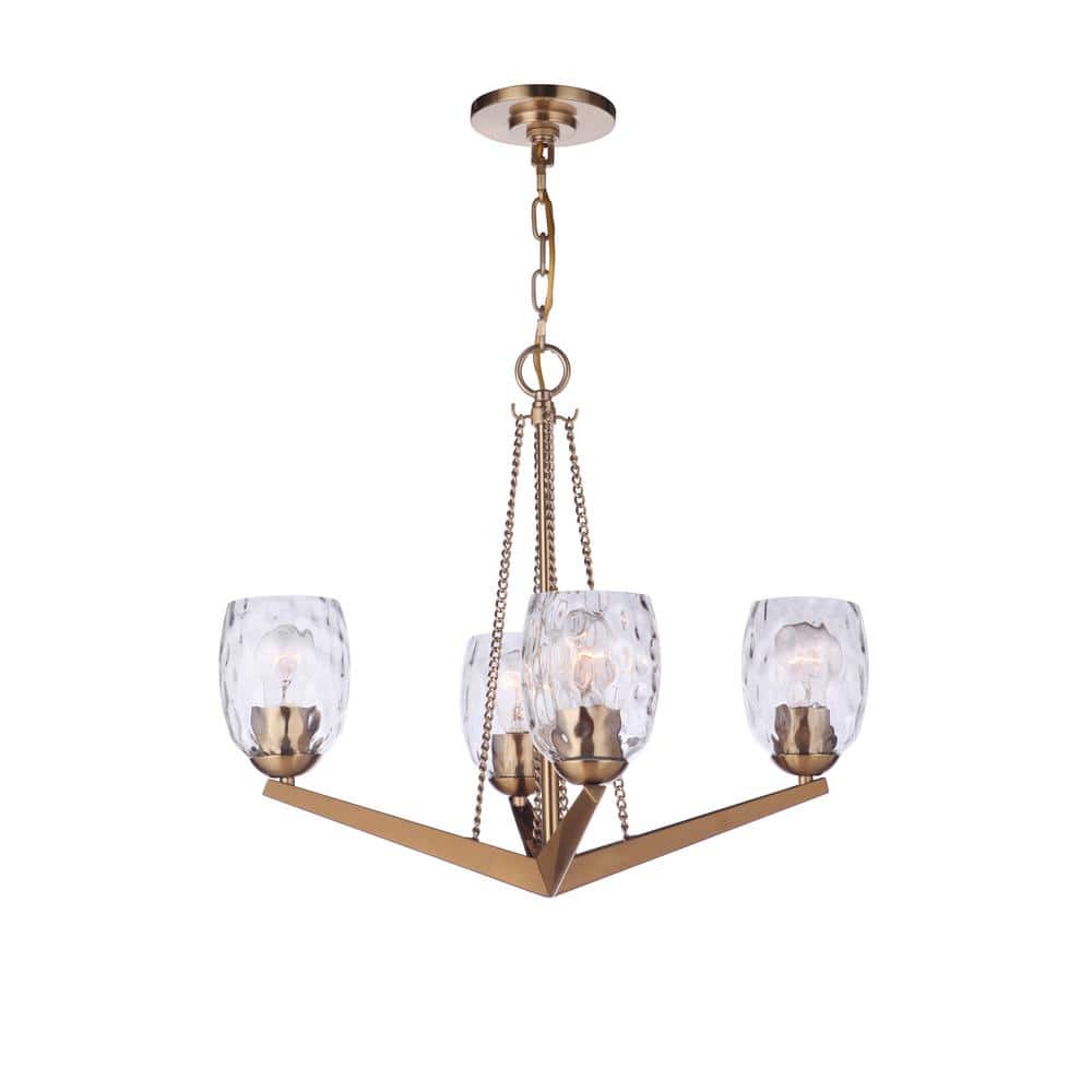 Satin Brass and Crystal 4-Light Chandelier with Water Glass Shades