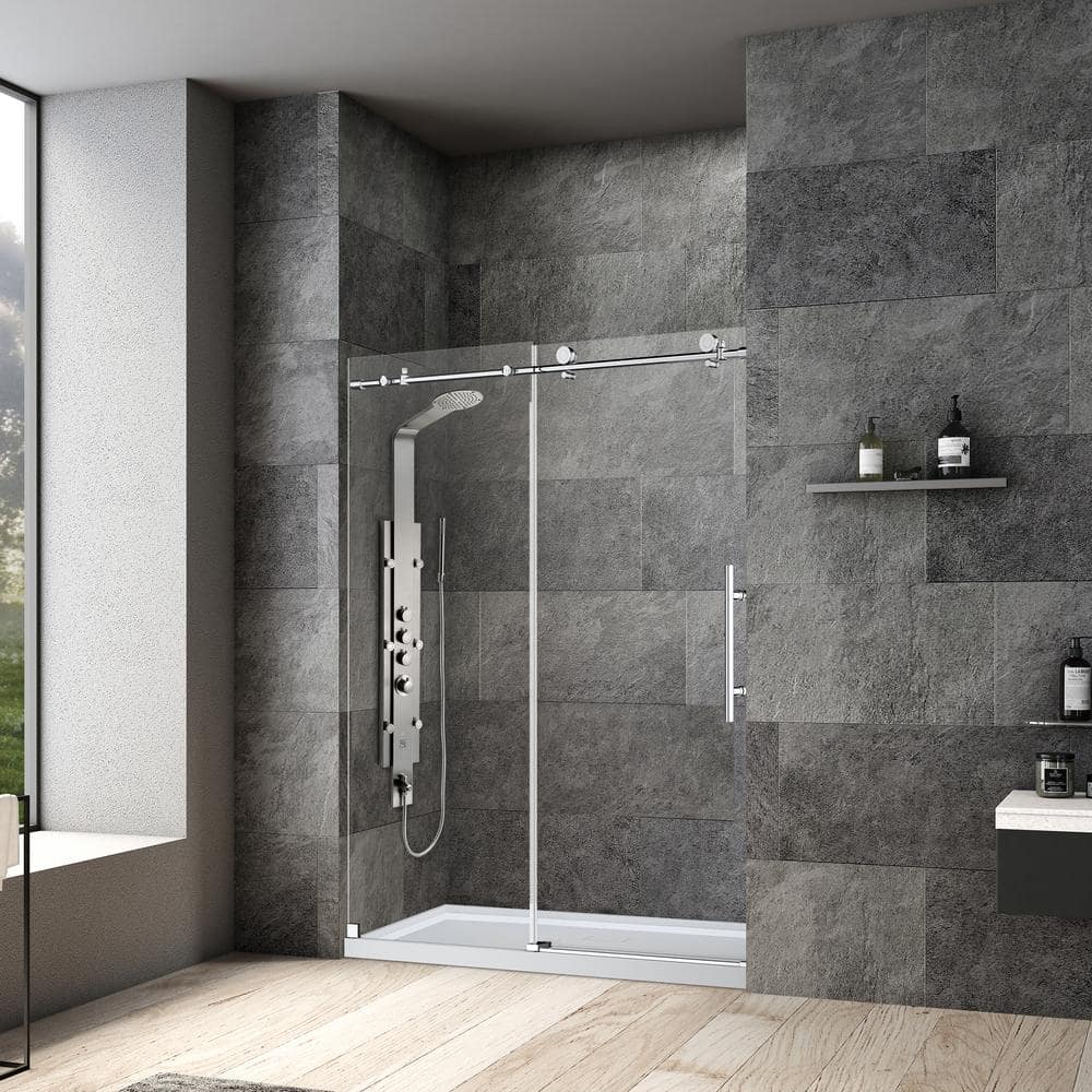 60 in. x 76 in. Frameless Clear Glass Sliding Shower Door with Brushed Nickel Finish
