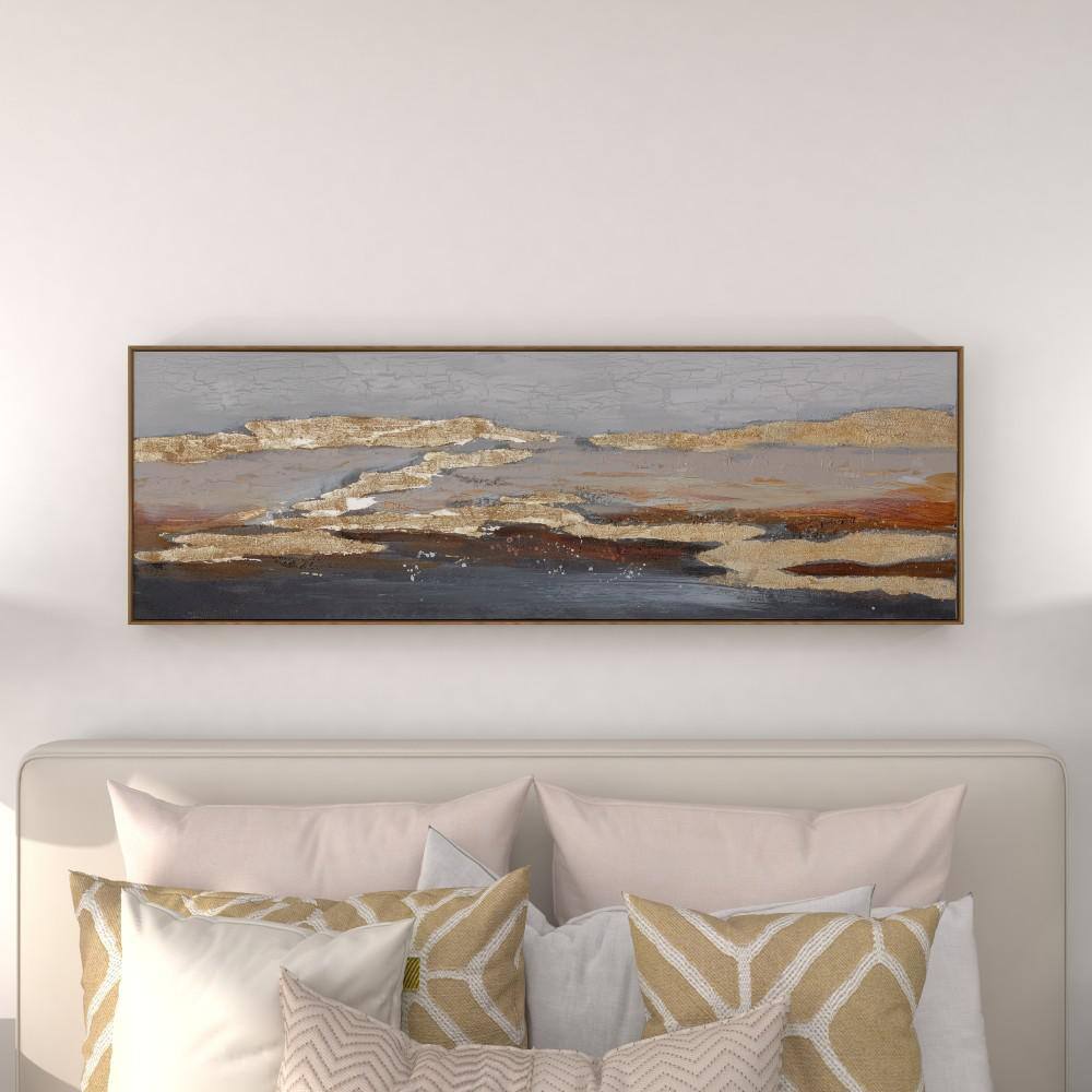 59" x 20" Gold and Beige Abstract Acrylic Landscape Painting on Canvas