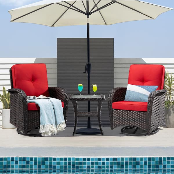 Gardenbee 3-Pcs Dark Brown Wicker Outdoor Rocking Chair Patio Conversation Set Swivel Chairs with Red Cushions and Table