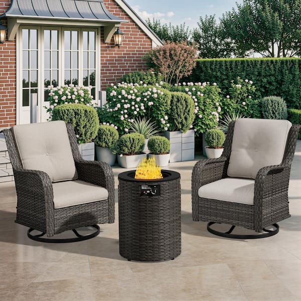 Gardenbee 3-Piece Wicker Patio Conversation Set Swivel Rocking Chairs with Beige Cushions and Round Fire Pit Table