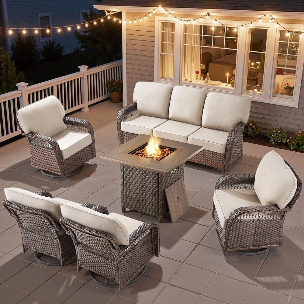 Tyber Brown Swivel Glider 6-Piece Wicker Outdoor Fire Pit Patio Conversation Sofa Couch Seating Set with Beige Cushions price history on PriceWatchPro