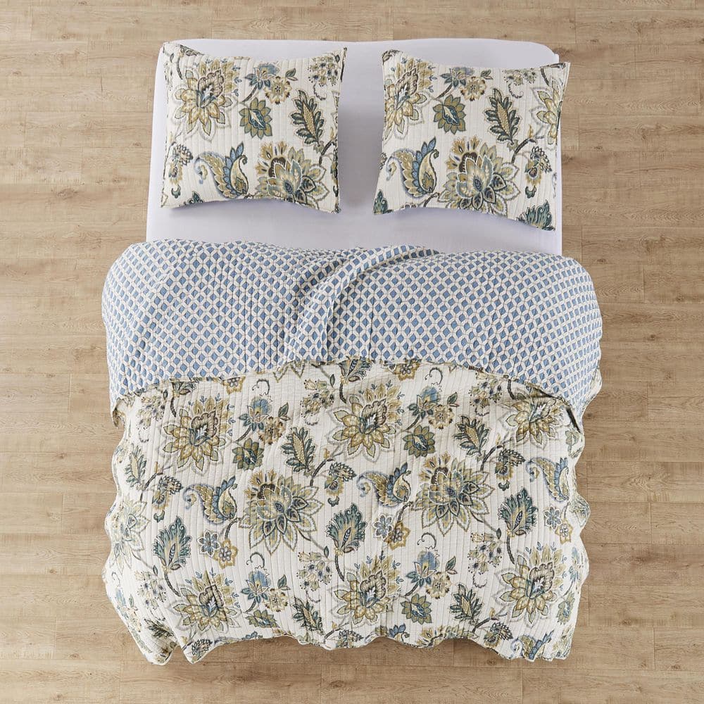 Gray and Teal Reversible Cotton King Quilt Set