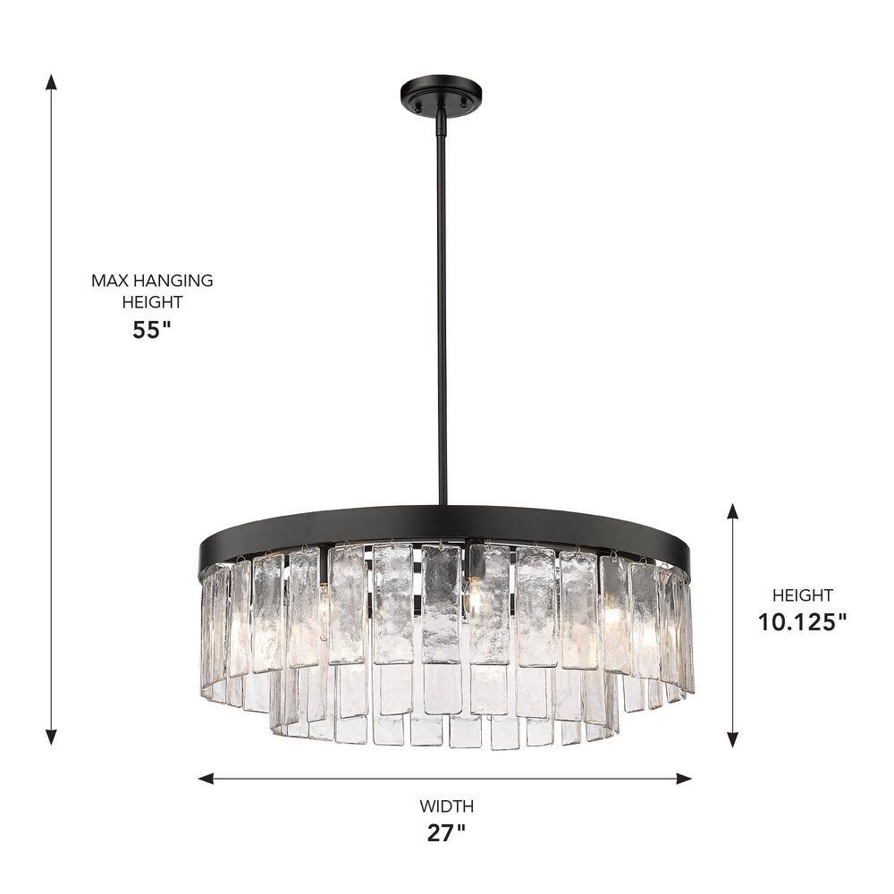 Matte Black 27" Drum Chandelier with Hammered Glass Panels