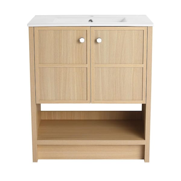 30 in. Single Sink Freestanding Oak Bath Vanity with White Ceramic Top, Open Shelf and Door Storage Cabinet Unassembled