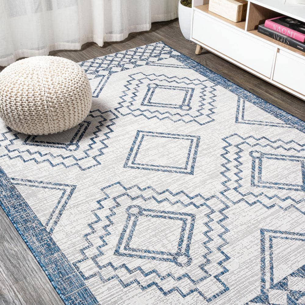 Ivory/Blue Synthetic Medallion Rectangular Easy-Care Rug