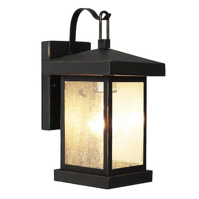 Santa Cruz 1-Light Weathered Bronze Outdoor Wall Lantern Sconce with Seeded Glass