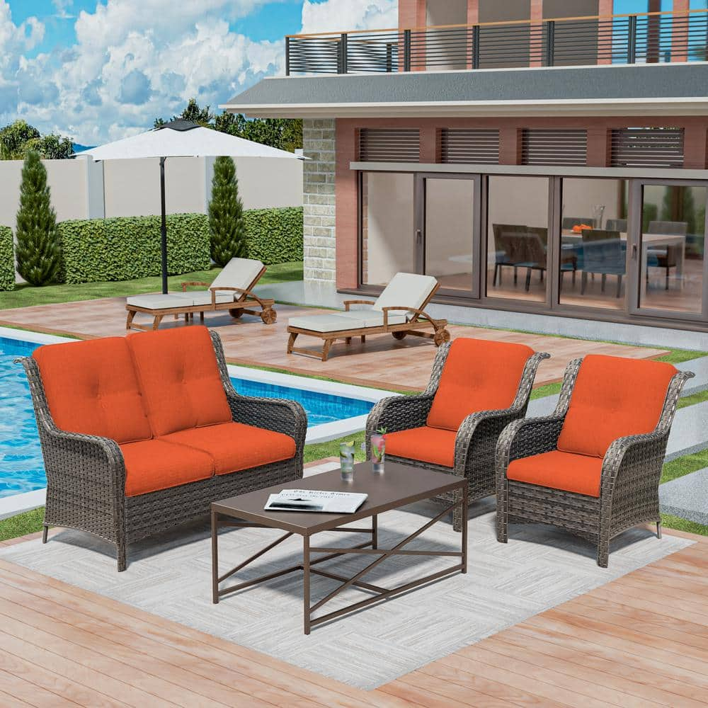 4 Pieces Conversation Patio Set, All-Weather Wicker Patio Furniture Set with Orange Cushions -  MeetLeisure, Y-M08M79M78-ORG