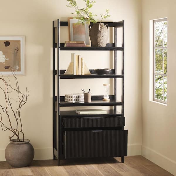Modern 70 in. Tall Black Wood 4-Shelf Bookcase with Reeded Drawer Fronts and Open Back