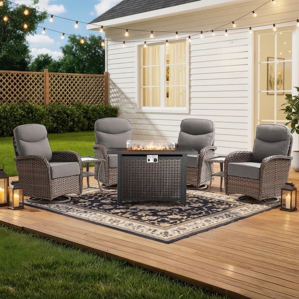 Moonridge 7-Piece Brown Wicker Fire Pit Conversation Set with 6 in. Olefin Gray Cushions / Patio Swivel Chairs