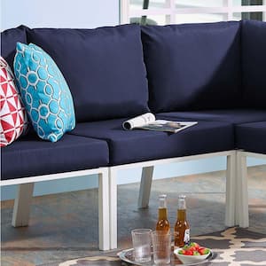 Riverside Aluminum Armless Middle Outdoor Sectional Chair in White with Navy Cushions