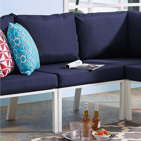 MODWAY Riverside Aluminum Armless Middle Outdoor Sectional Chair in White with Navy Cushions